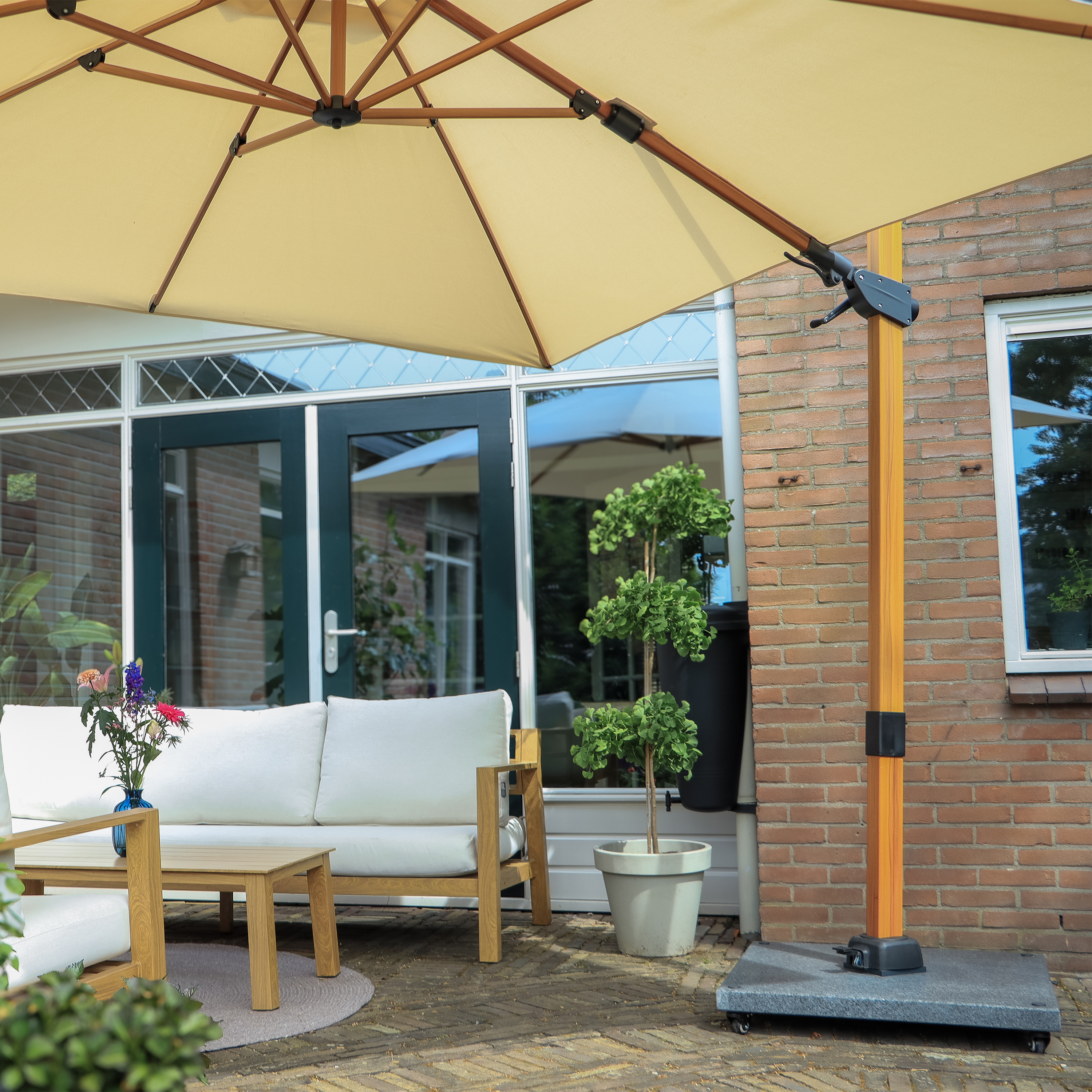 Apollo Premium Zweefparasol 300x300 Houtlook/beige 