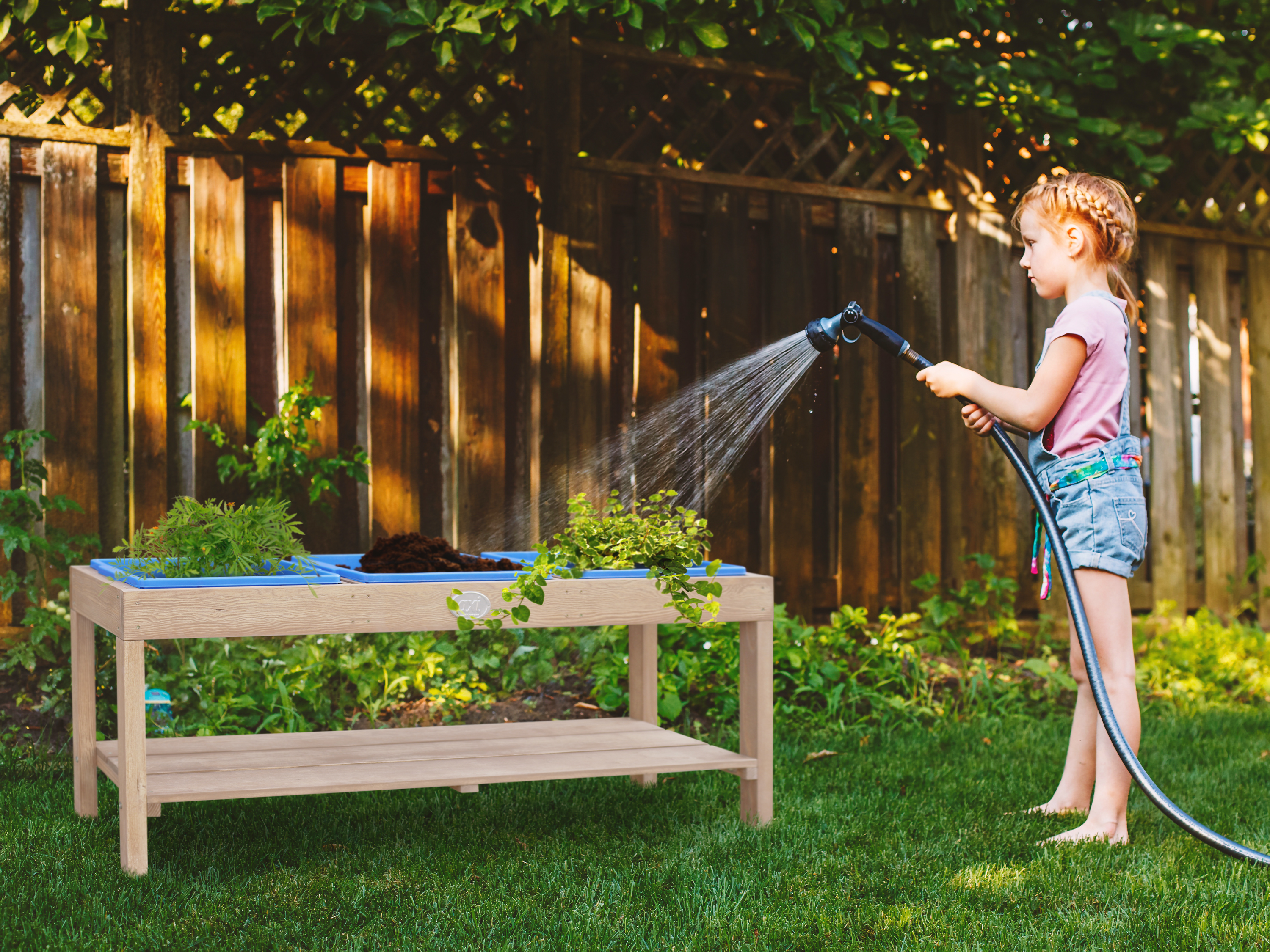 Activiteiten Tafel met 3 blauwe bakken Naturel Bruin